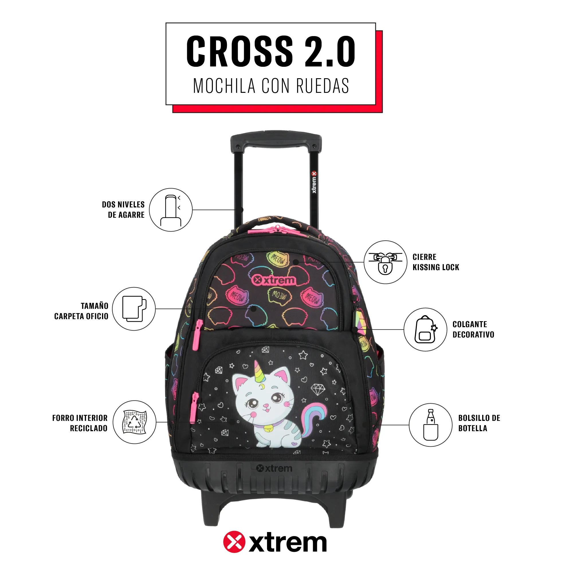 Mochila con ruedas Cross 2.0 negra gato