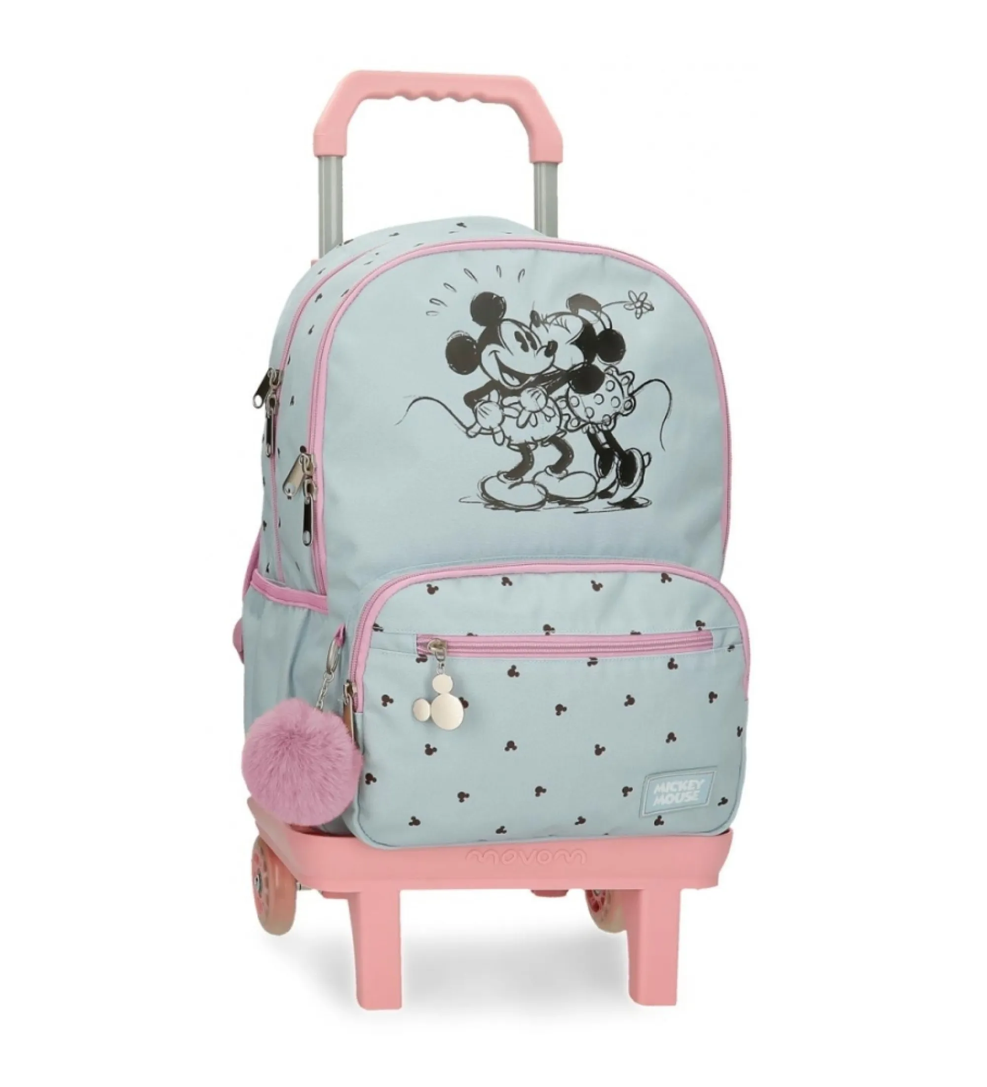 Mochila escolar Mickey y Minnie kisses doble compartimento con carro azul