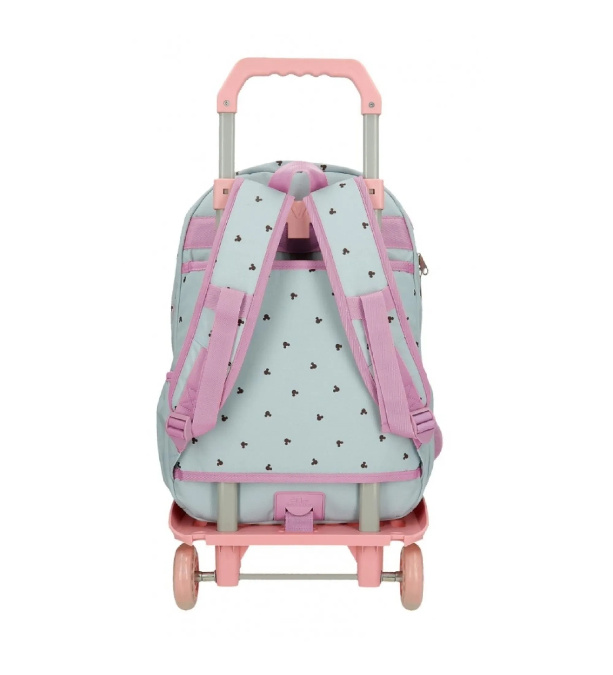 Mochila escolar Mickey y Minnie kisses doble compartimento con carro azul
