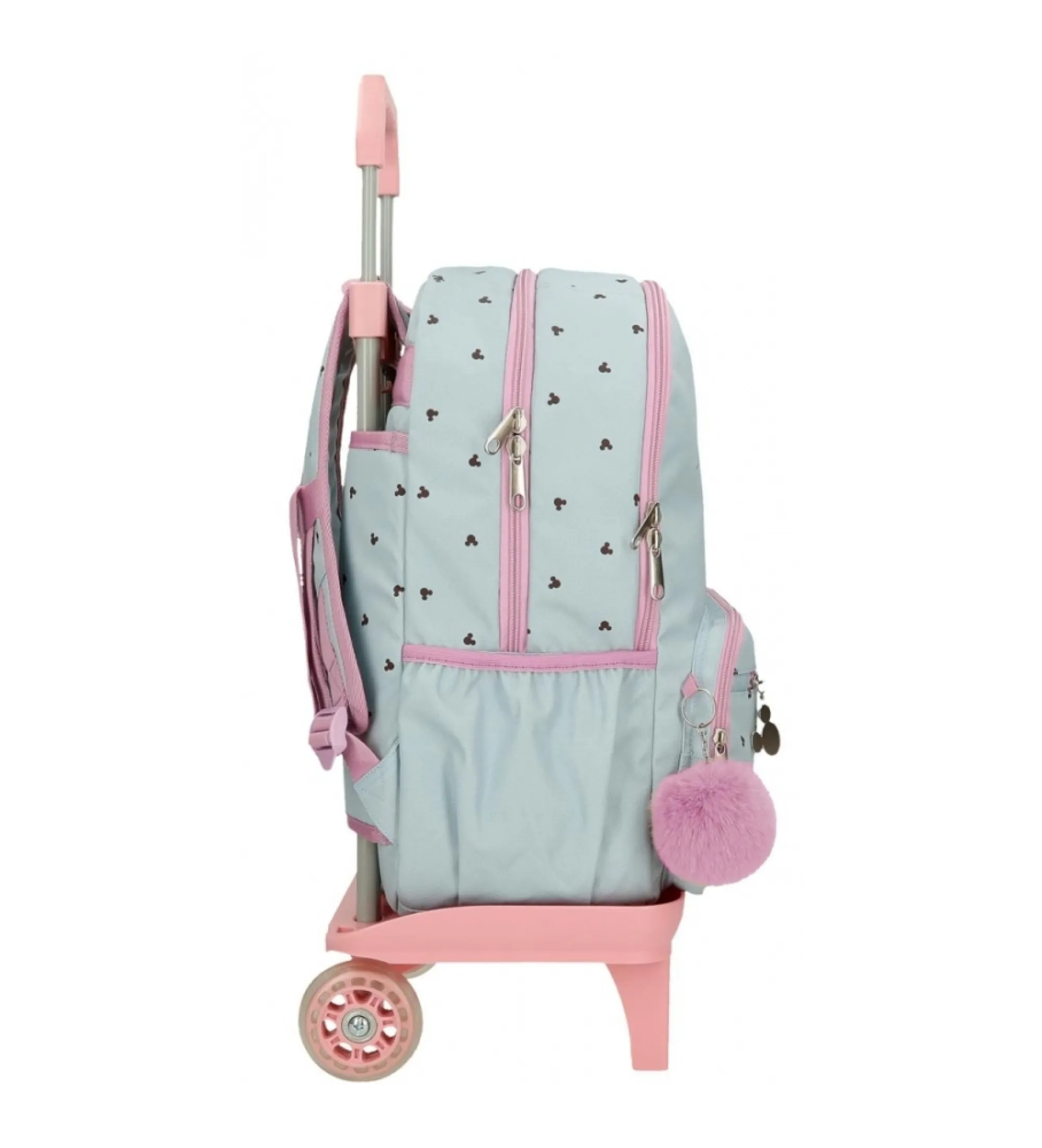 Mochila escolar Mickey y Minnie kisses doble compartimento con carro azul
