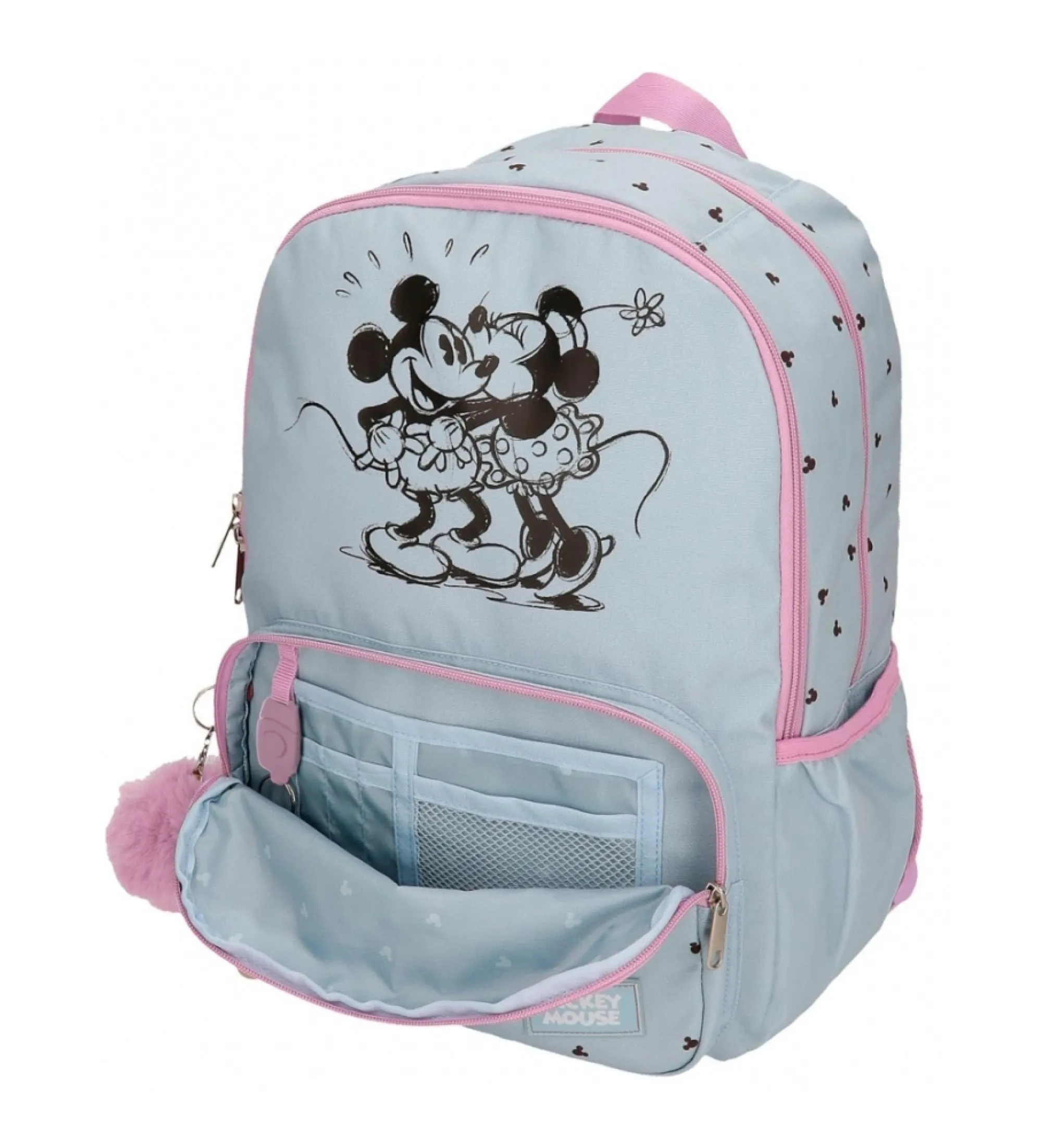 Mochila escolar Mickey y Minnie kisses doble compartimento con carro azul