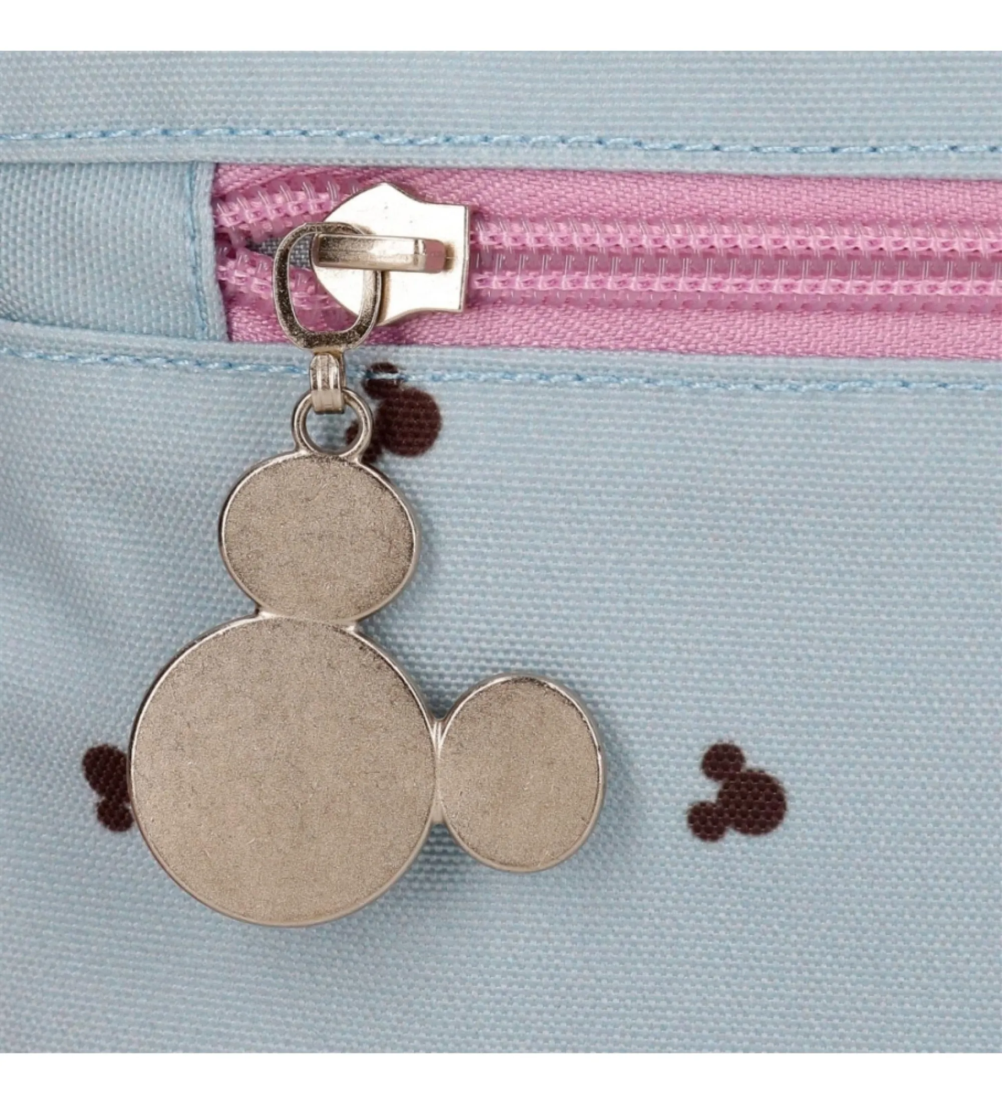 Mochila escolar Mickey y Minnie kisses doble compartimento con carro azul