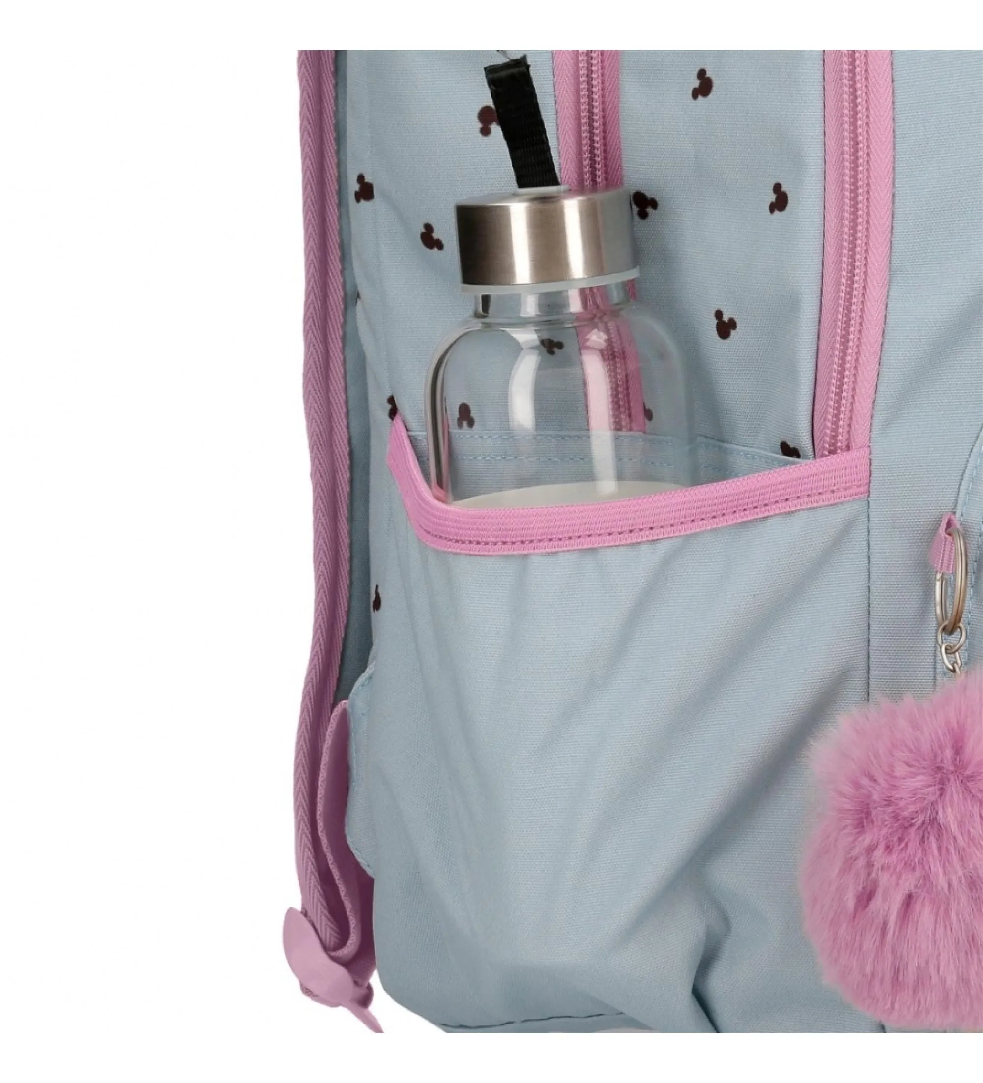 Mochila escolar Mickey y Minnie kisses doble compartimento con carro azul