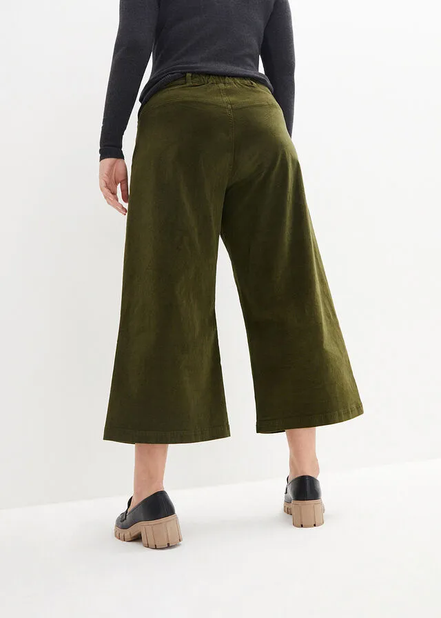 Pantalón ancho de pana elástica con cintura cómoda high waist, largo 7/8 Marrón café