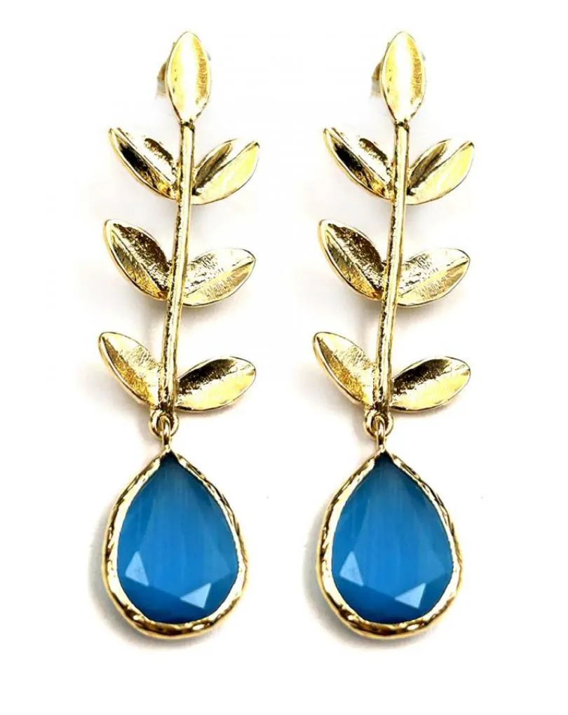 PENDIENTES MUJER AZULES TURQUESAS CON DELICADA HOJA DORADA