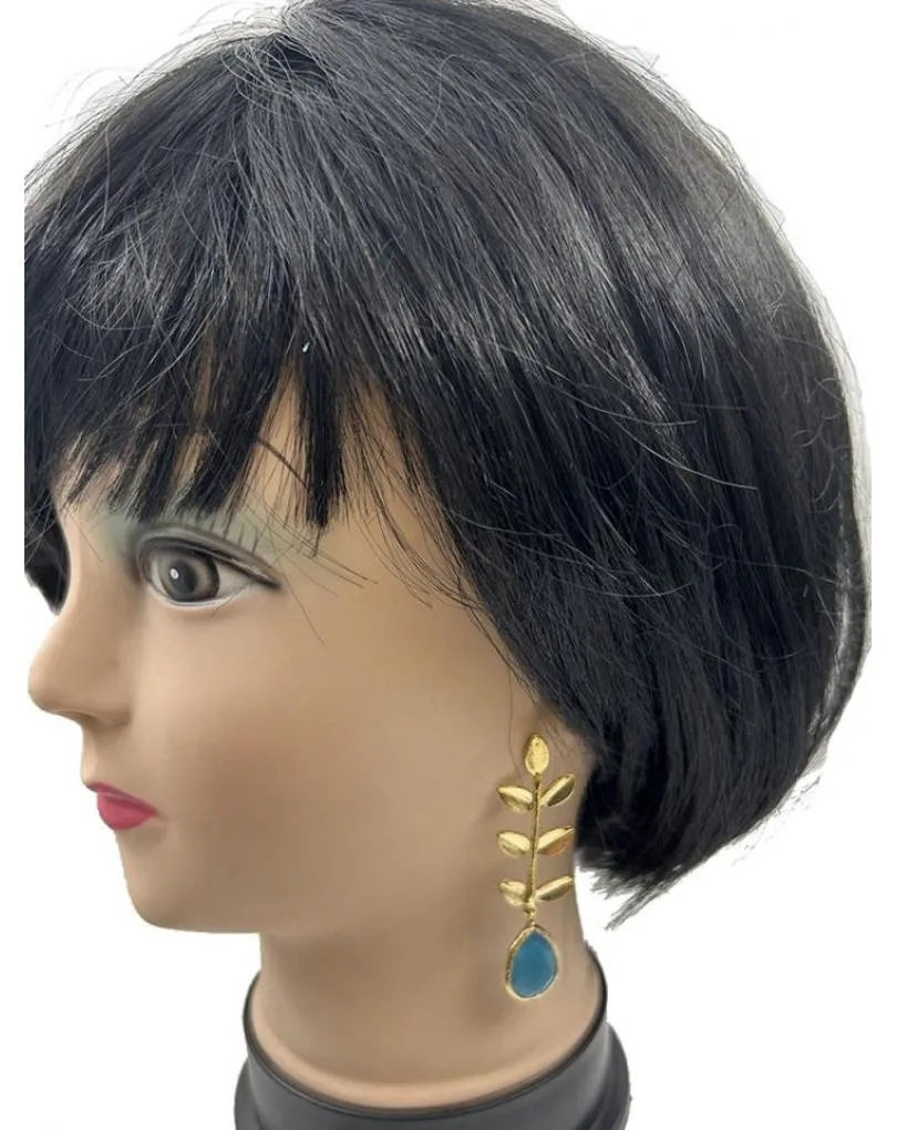 PENDIENTES MUJER AZULES TURQUESAS CON DELICADA HOJA DORADA