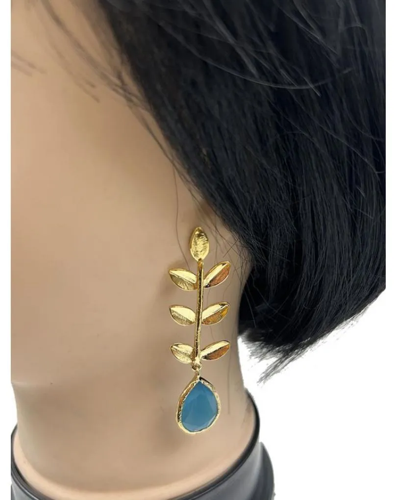 PENDIENTES MUJER AZULES TURQUESAS CON DELICADA HOJA DORADA