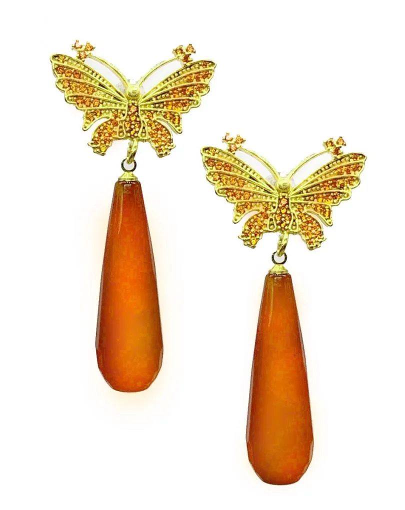 PENDIENTES NARANJAS DE ALTA BISUTERÍA CON MARIPOSA BAÑADA EN ORO Y CIRCONITAS