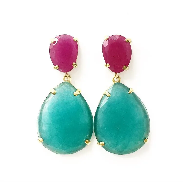 Pendientes Plata bañada con Jade Aguamarina y Fucsia