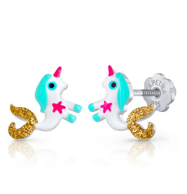 Pendientes Plata Unicornio con esmalte turquesa