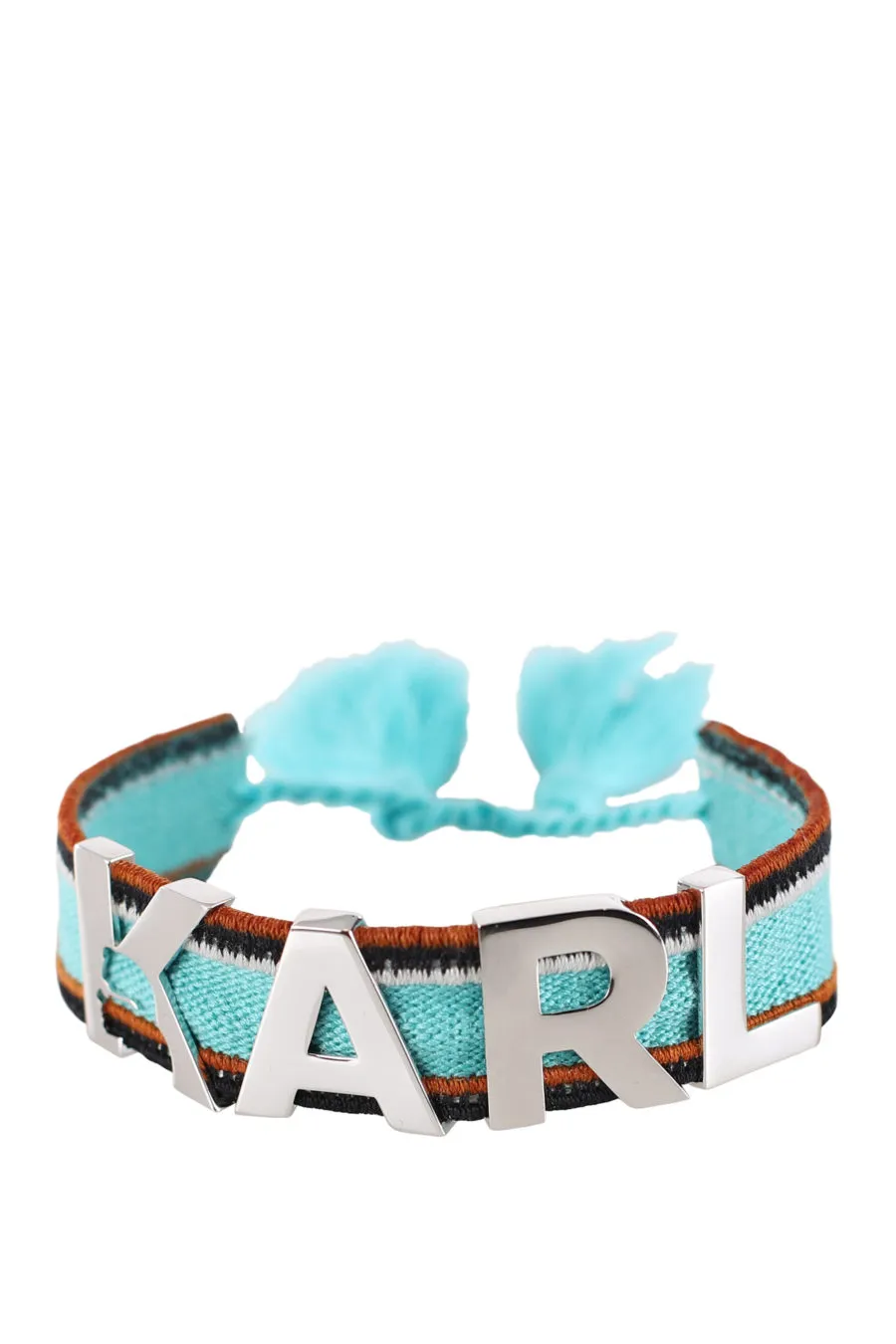 Pulsera azul claro y marrón con logo en metal