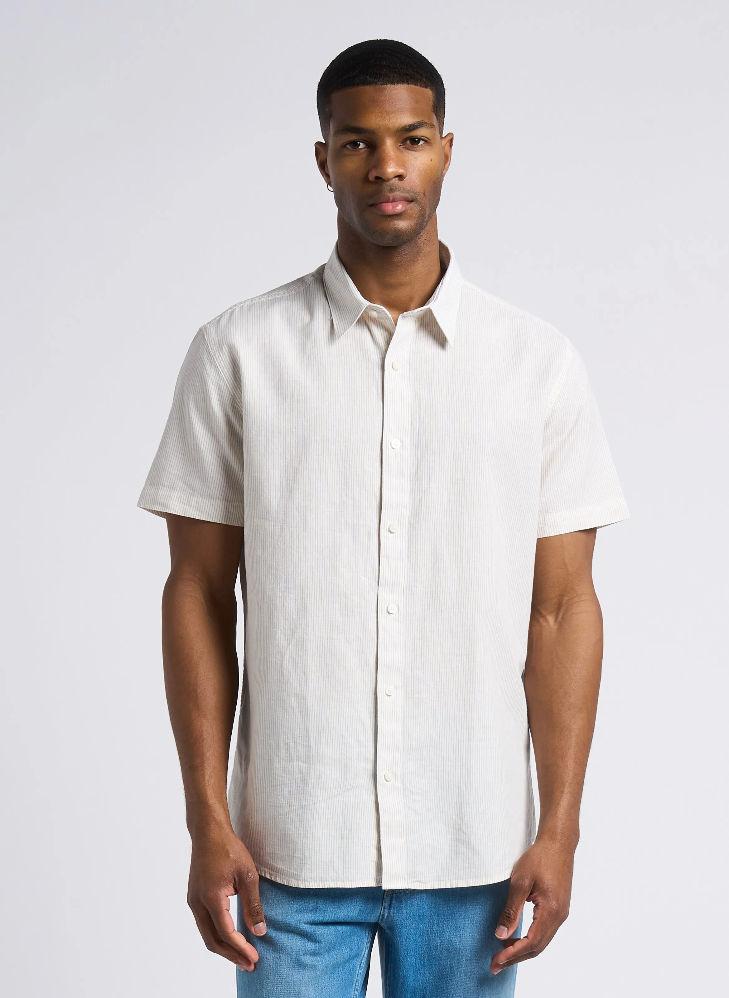 SELECTED Camisa de algodón y lino a rayas en negro