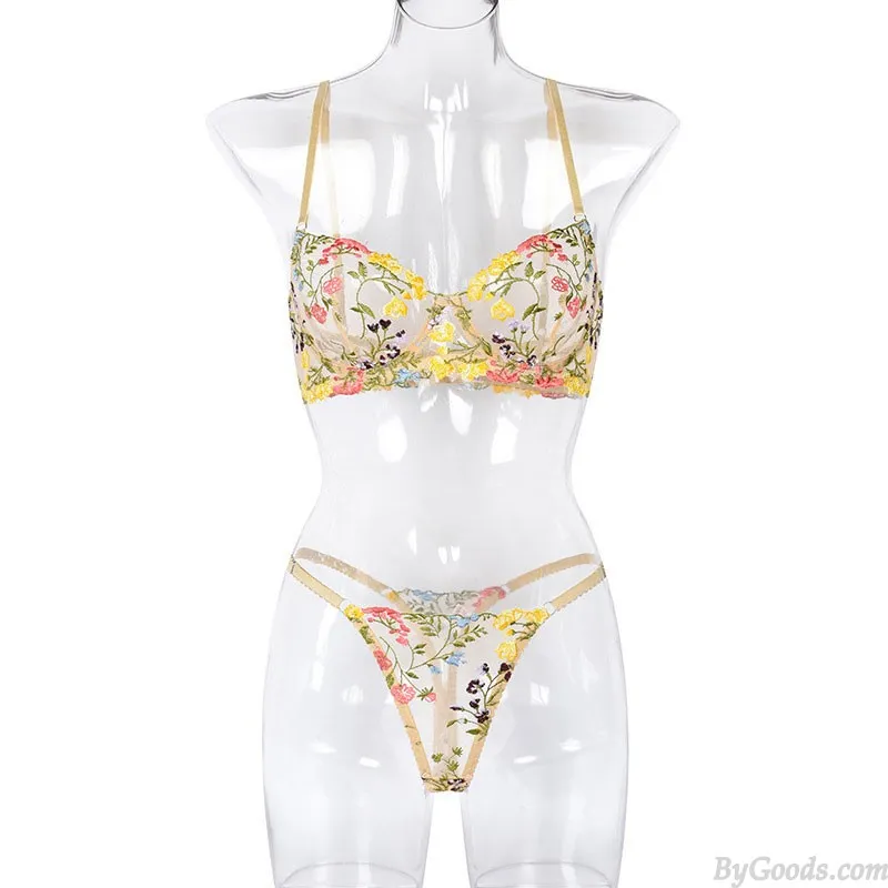 Sexy Sheer Mesh Flower Leaf Embroidery Bra Panty Set Underwear For Women Undie Halter Lingerie