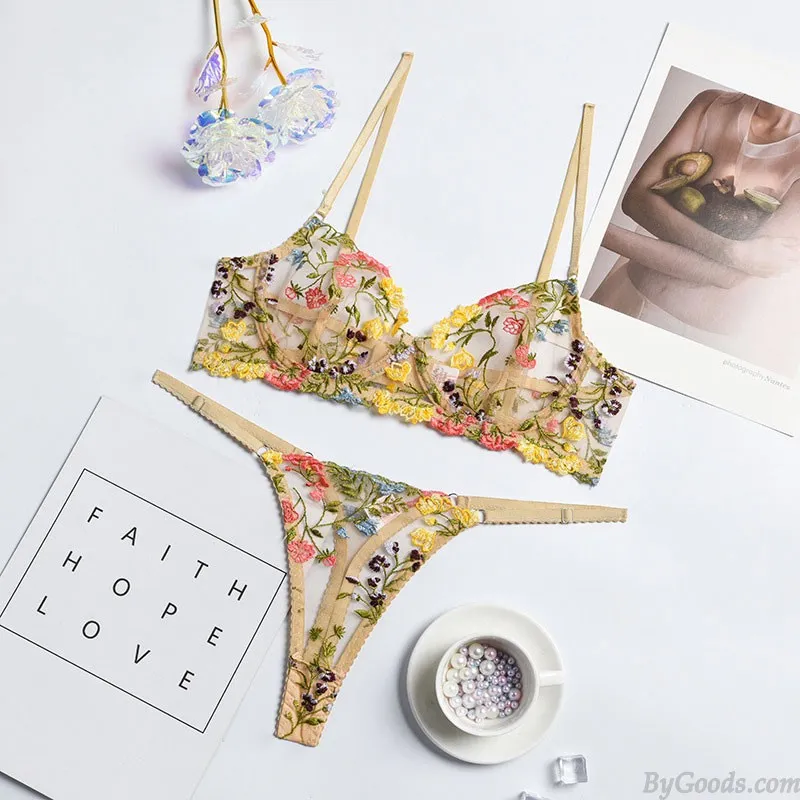 Sexy Sheer Mesh Flower Leaf Embroidery Bra Panty Set Underwear For Women Undie Halter Lingerie