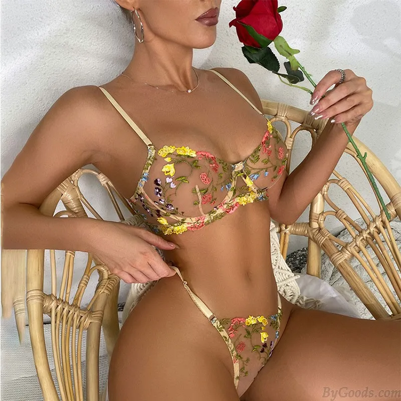 Sexy Sheer Mesh Flower Leaf Embroidery Bra Panty Set Underwear For Women Undie Halter Lingerie