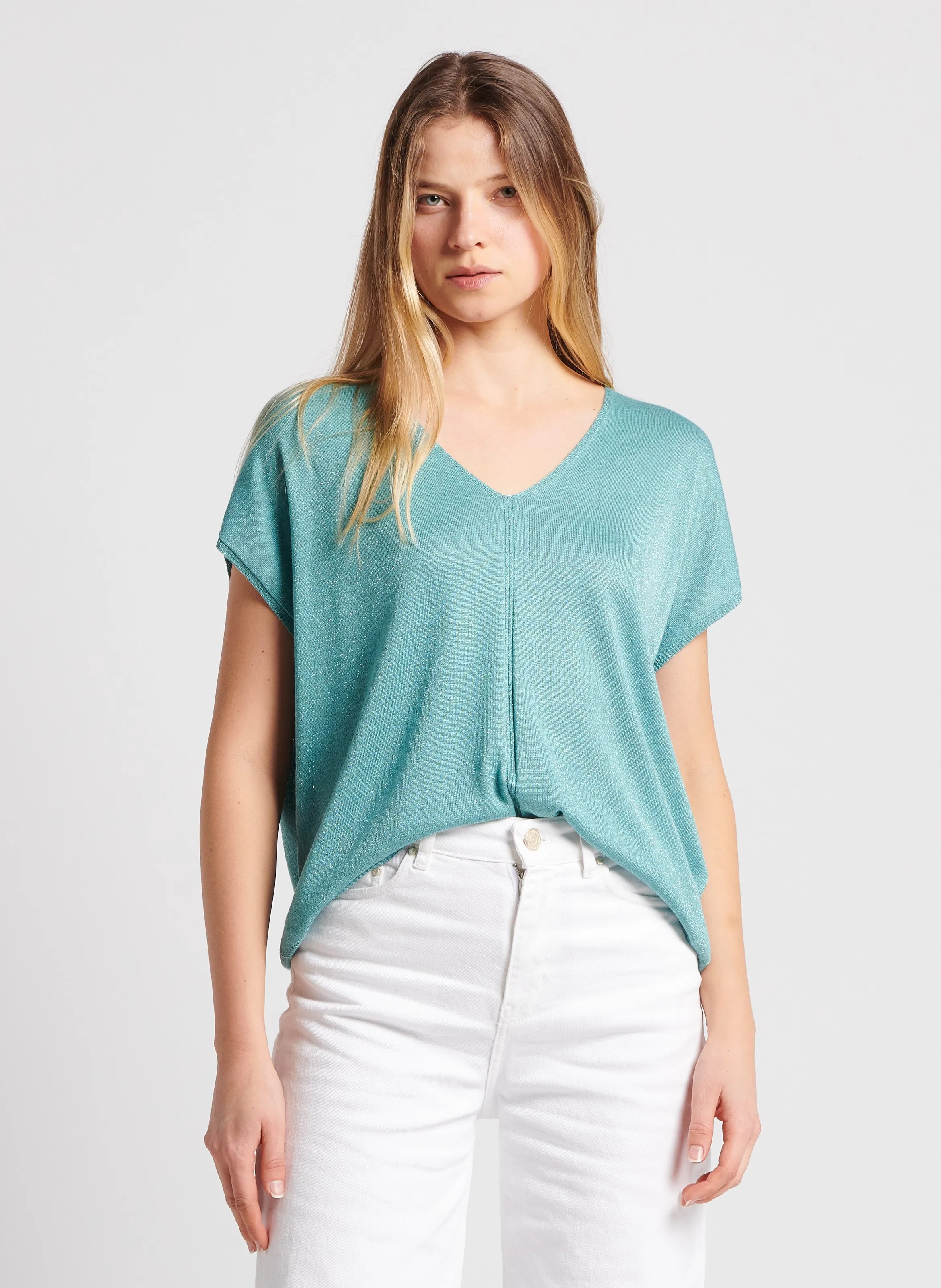 SUD EXPRESS MARGARET  TOP HOLGADO DE PUNTO LúREX CON CUELLO DE PICO EN VERDE