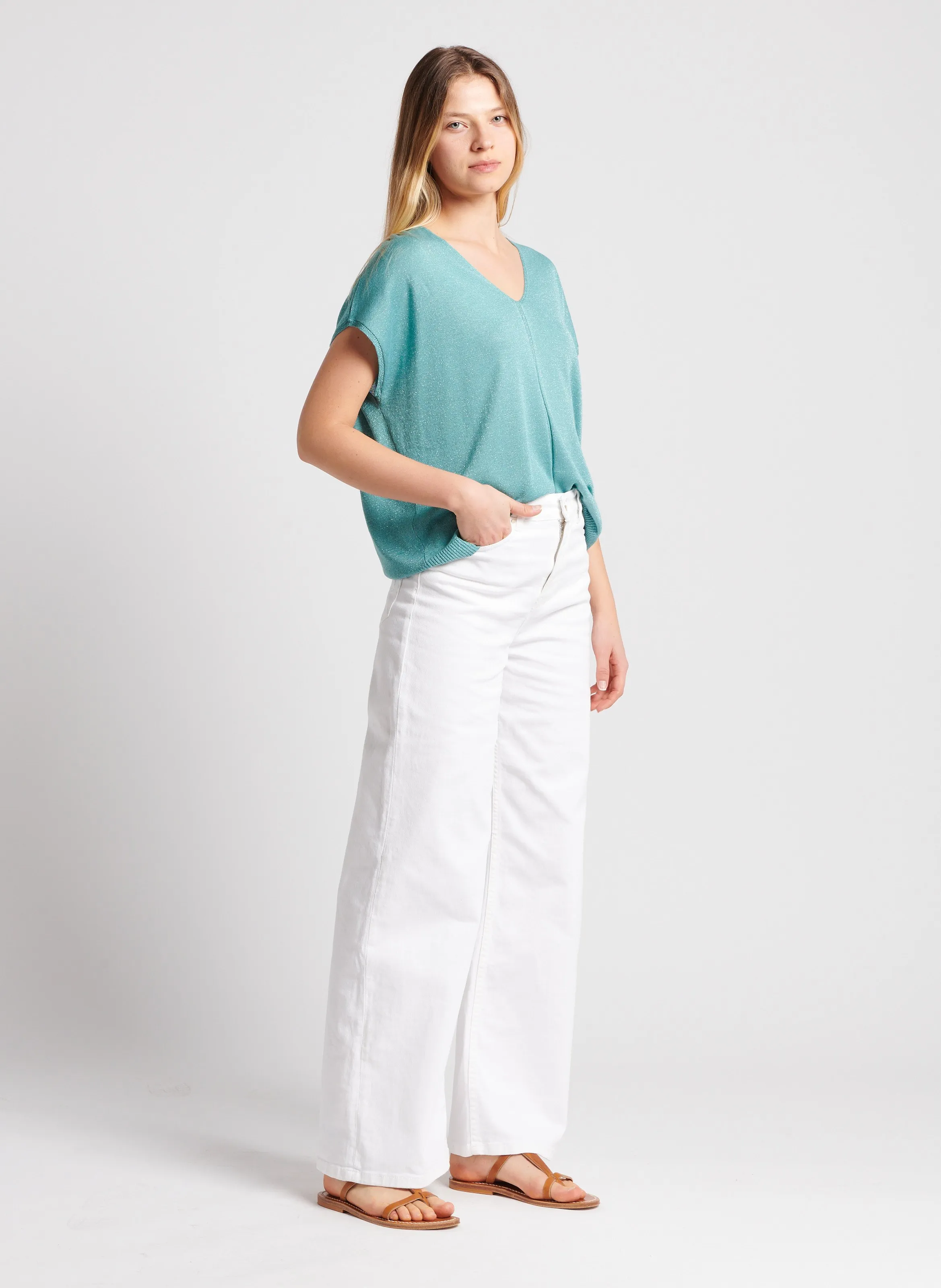 SUD EXPRESS MARGARET  TOP HOLGADO DE PUNTO LúREX CON CUELLO DE PICO EN VERDE