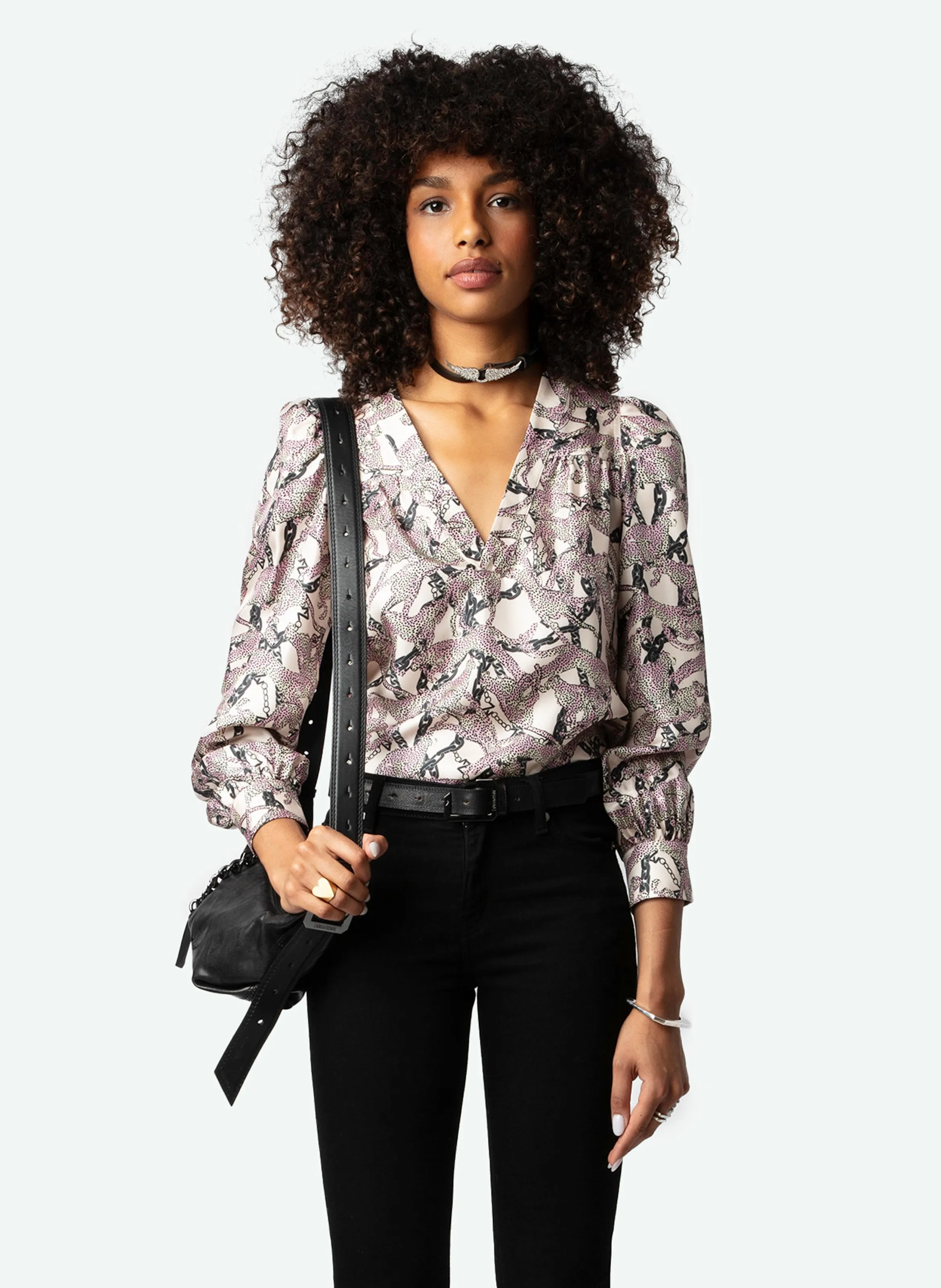 ZADIG&VOLTAIRE TELIA  TúNICA RECTA DE SEDA ESTAMPADA CON CUELLO EN V EN BLANCO