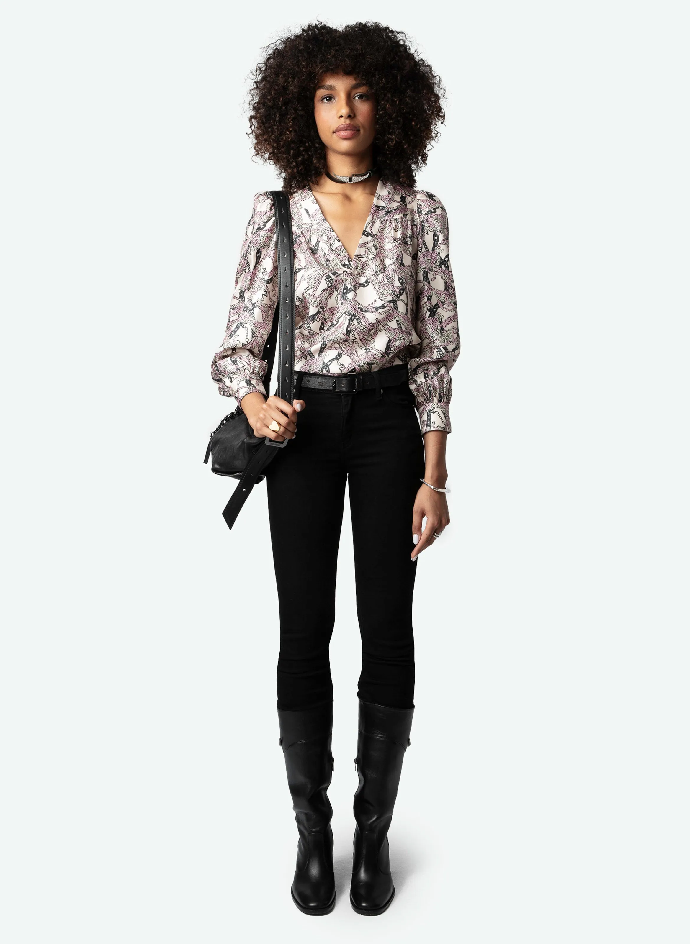 ZADIG&VOLTAIRE TELIA  TúNICA RECTA DE SEDA ESTAMPADA CON CUELLO EN V EN BLANCO