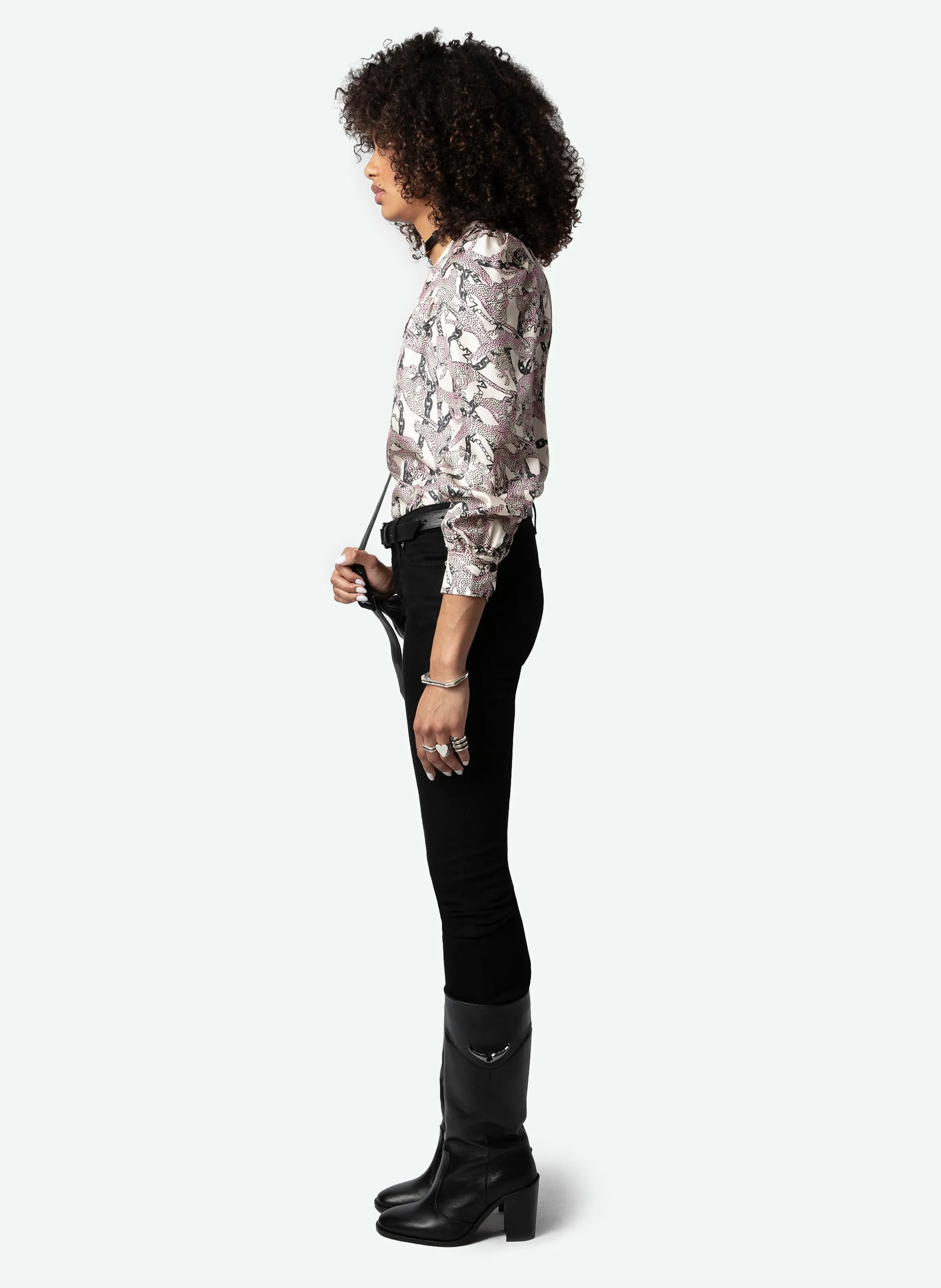 ZADIG&VOLTAIRE TELIA  TúNICA RECTA DE SEDA ESTAMPADA CON CUELLO EN V EN BLANCO