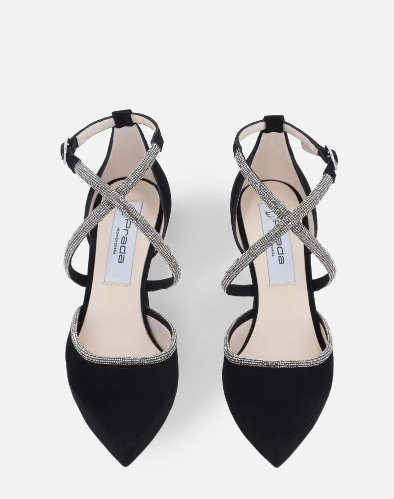 Zapatilla abierta con pulsera cruzada de pedrería encontraste de color para mujer