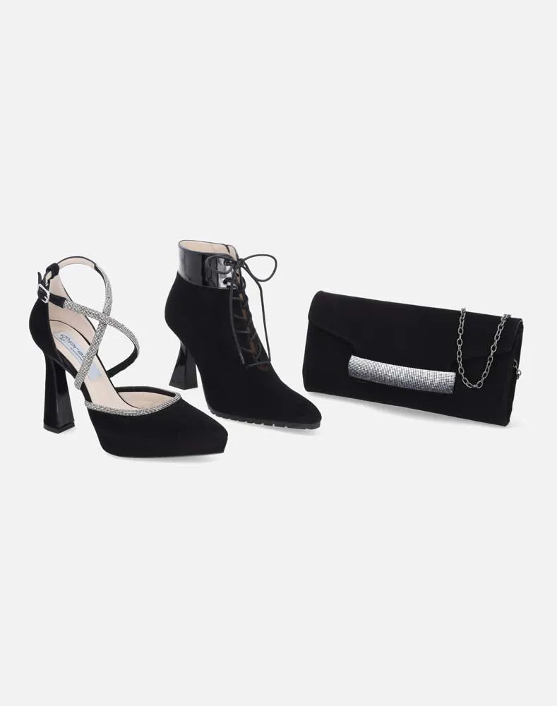Zapatilla abierta con pulsera cruzada de pedrería encontraste de color para mujer