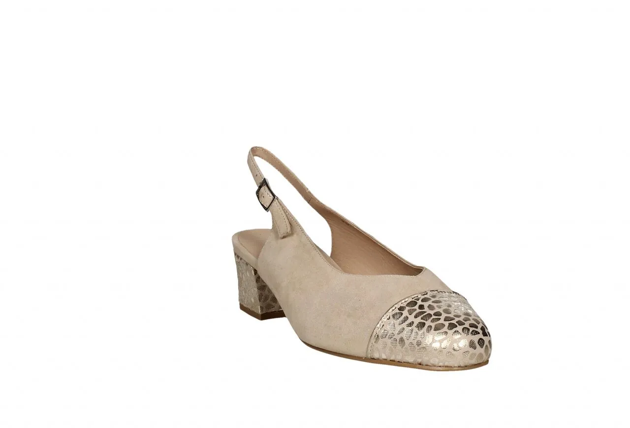 Zapato Ante Dorado Talon Abierto Punta Fantasia