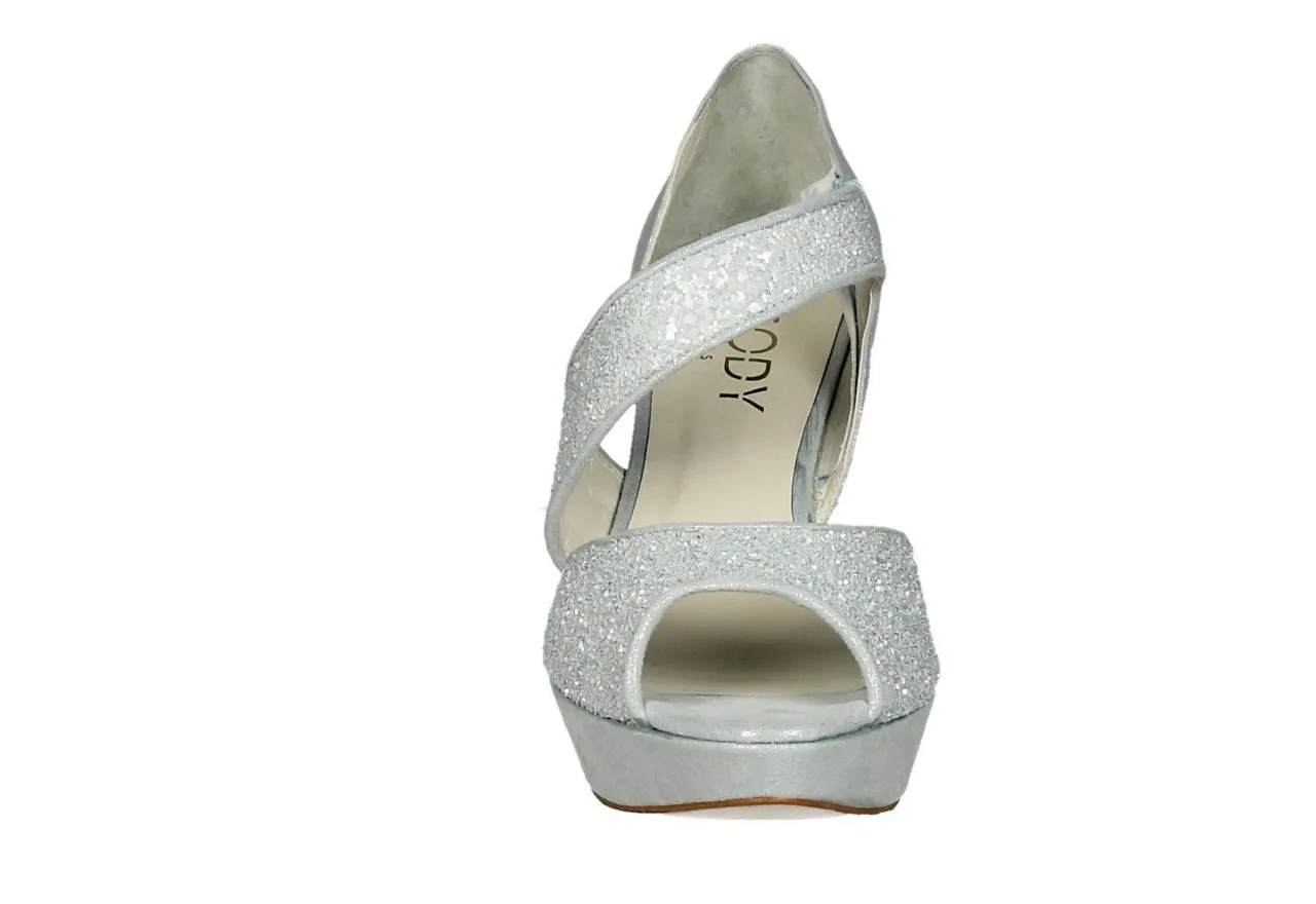 Zapato Glitter Celeste Tira Cejada Punta y Lados Descubierto