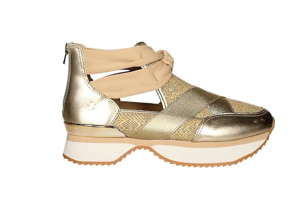 Zapato Piel/elastico Oro Rafia Natural Talon Cremallera
