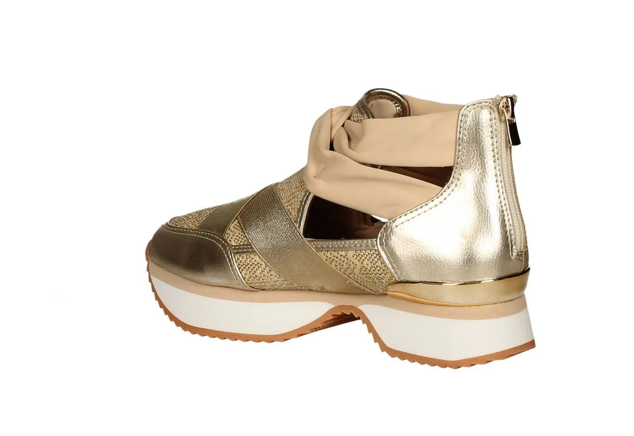 Zapato Piel/elastico Oro Rafia Natural Talon Cremallera