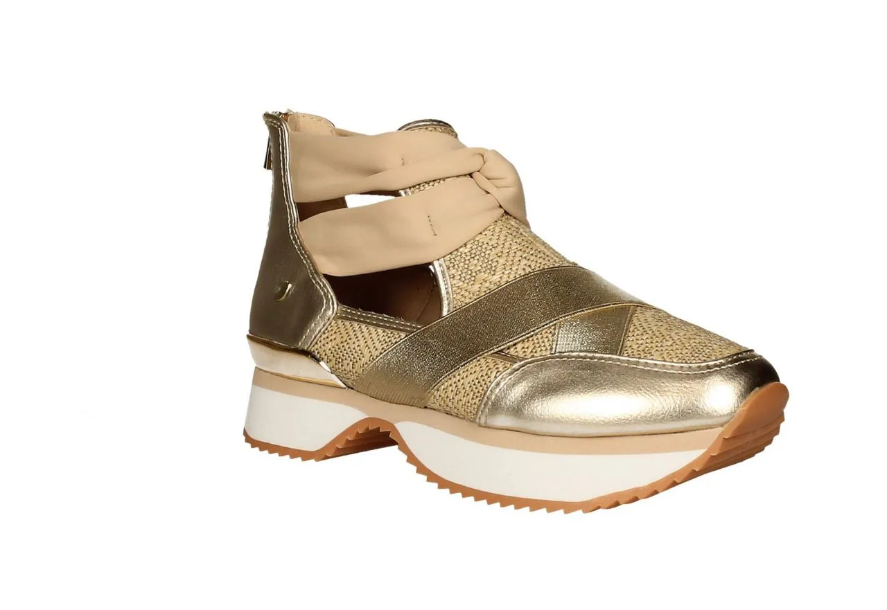 Zapato Piel/elastico Oro Rafia Natural Talon Cremallera