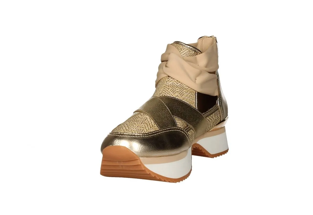 Zapato Piel/elastico Oro Rafia Natural Talon Cremallera