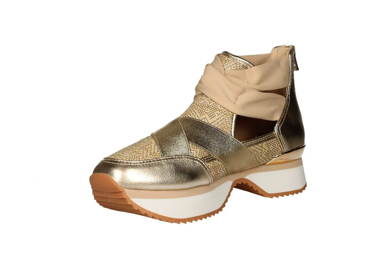 Zapato Piel/elastico Oro Rafia Natural Talon Cremallera