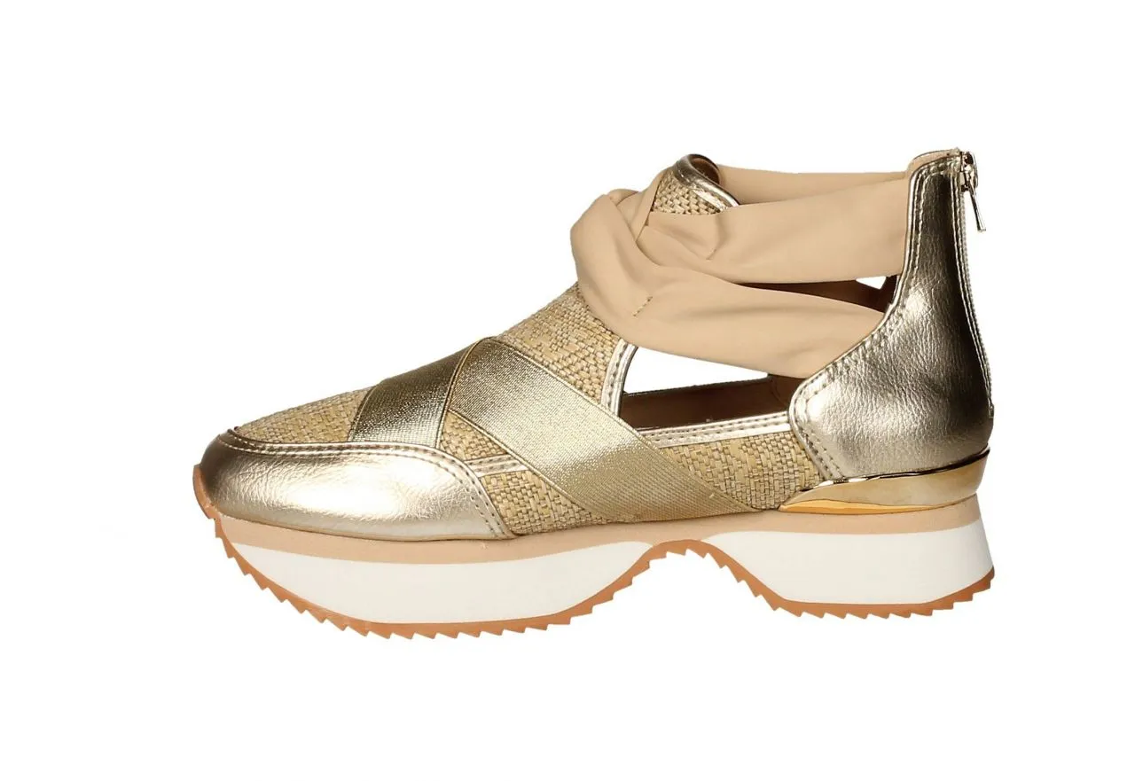 Zapato Piel/elastico Oro Rafia Natural Talon Cremallera