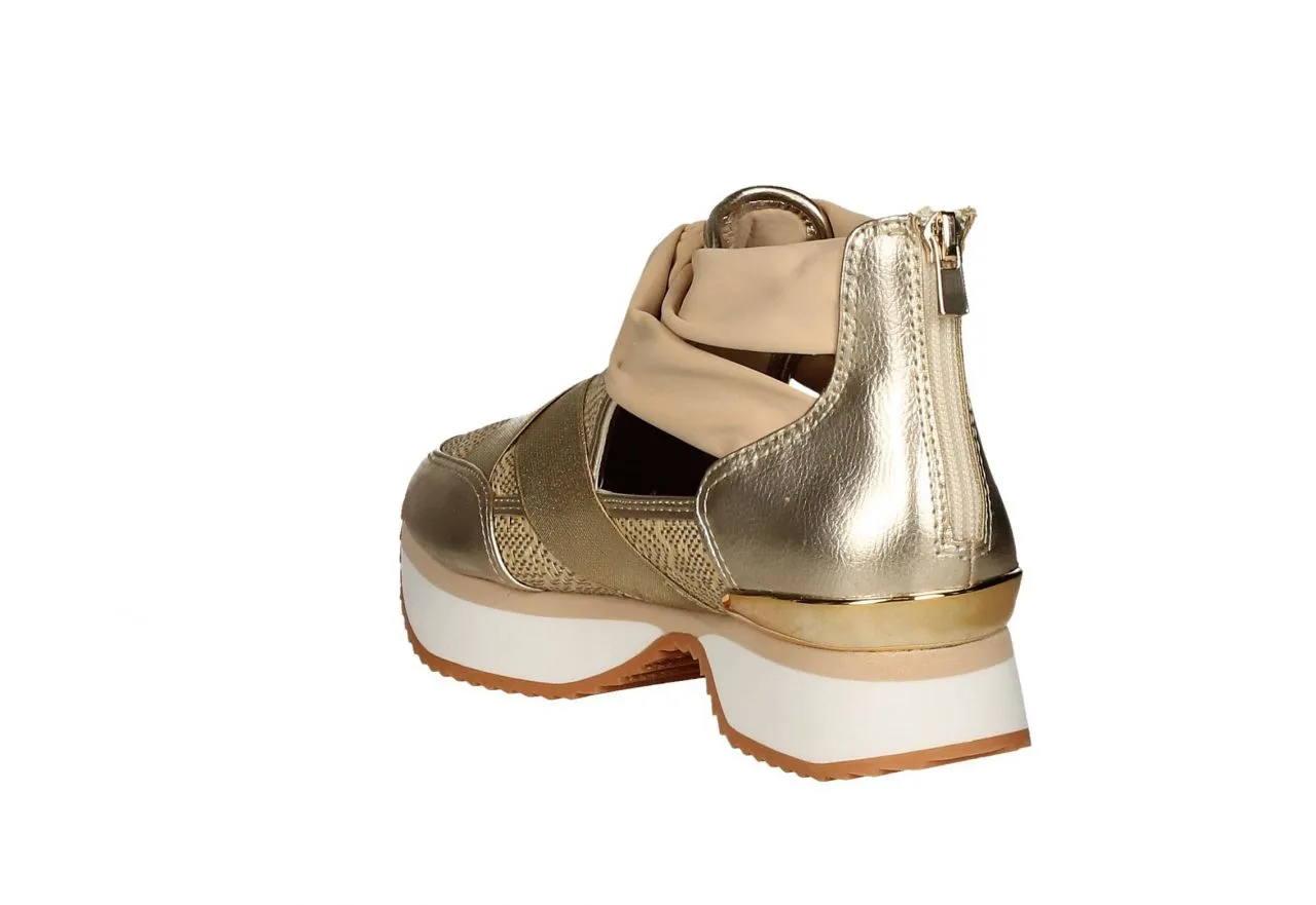 Zapato Piel/elastico Oro Rafia Natural Talon Cremallera