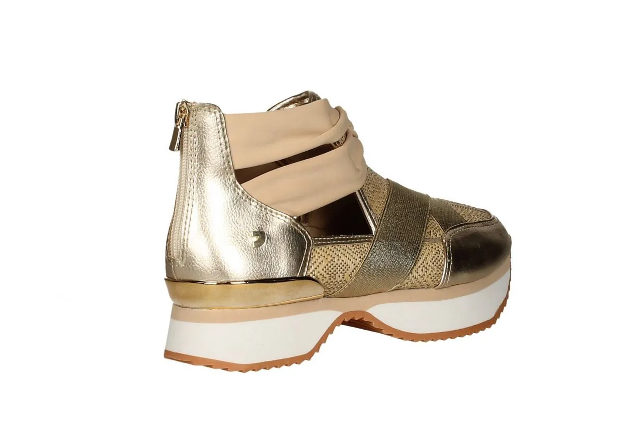 Zapato Piel/elastico Oro Rafia Natural Talon Cremallera